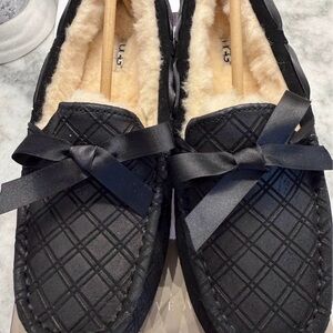 UGG Black Quilted Moccasin slippers with Satin Bow